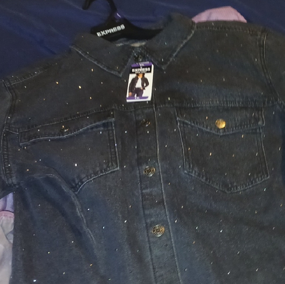 Express Dark Blue Jean Jacket with Gold Accents